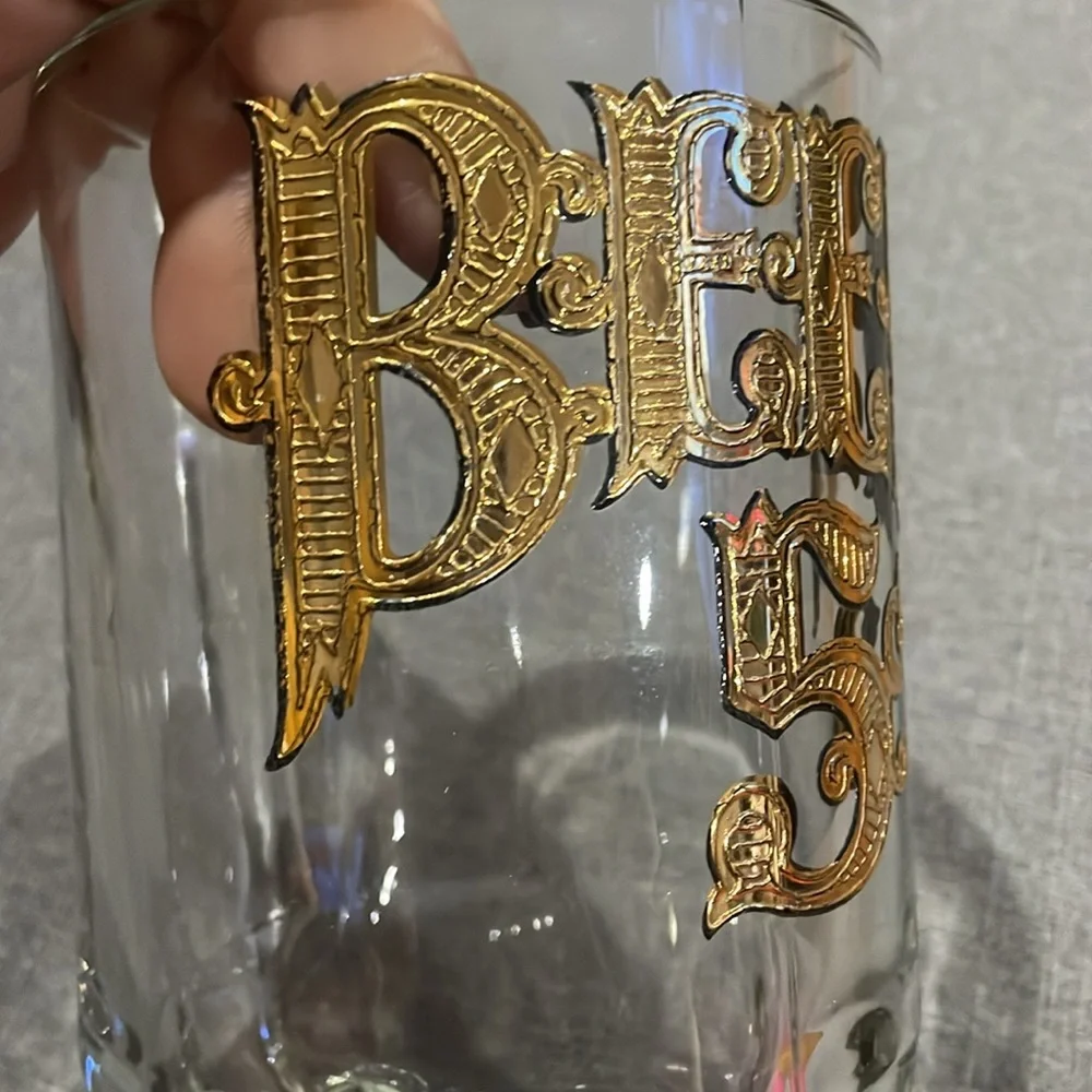 Clear Vintage Glass Beer Mug Stein Gold Letters Beer 5 Cents